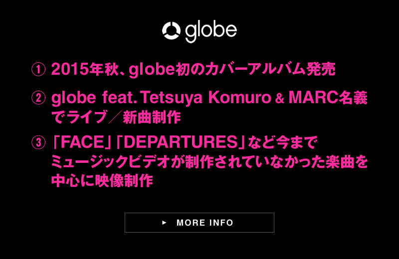 ① 2015年秋、globe初のトリビュートアルバム発売 ② globe feat. Tetsuya Komuro & MARC名義でライブ／新曲制作 ③「FACE」「DEPARTURES」など今までミュージックビデオが制作されていなかった楽曲を中心に映像制作